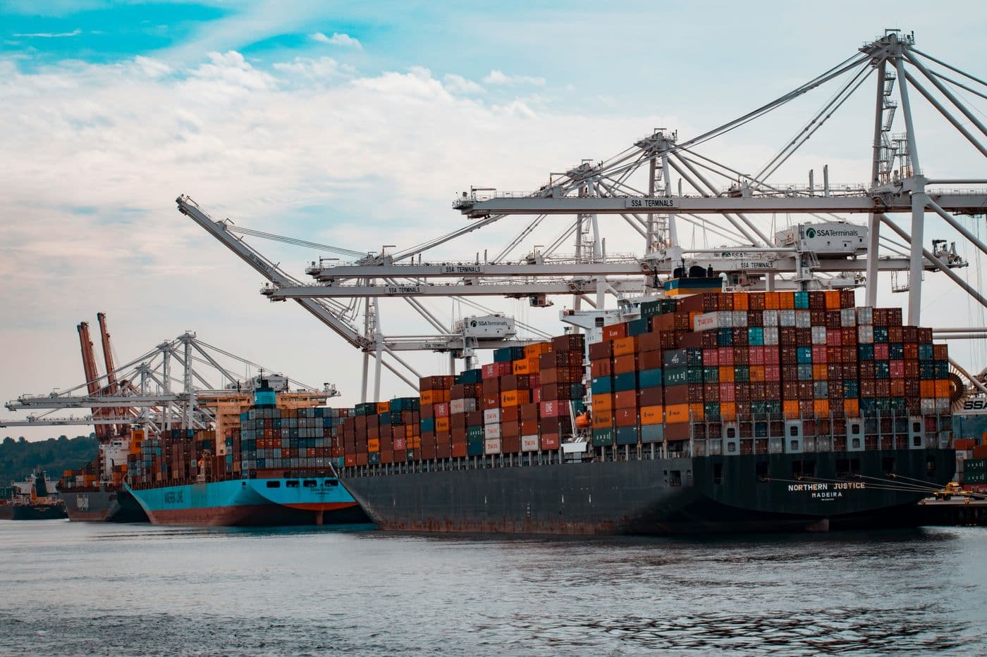 Container ship under gantry cranes