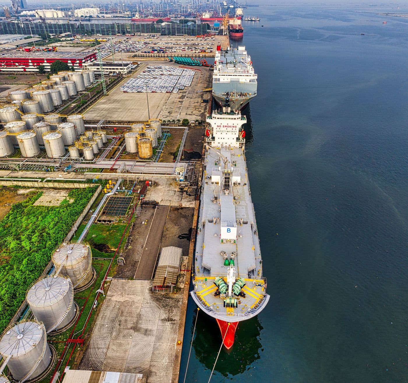 Tanker loading at an oil terminal, aerial view
